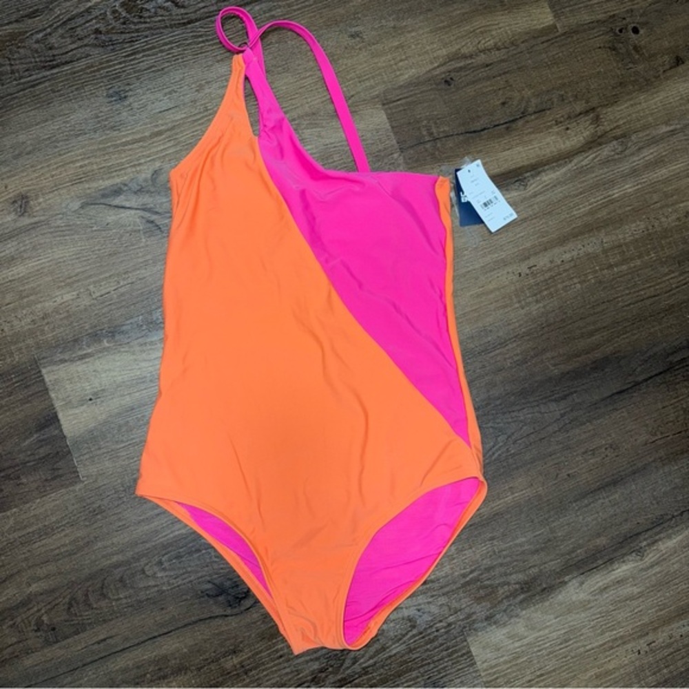NWT Lands End Orange and Pink One Shoulder One Piece Swimsuit